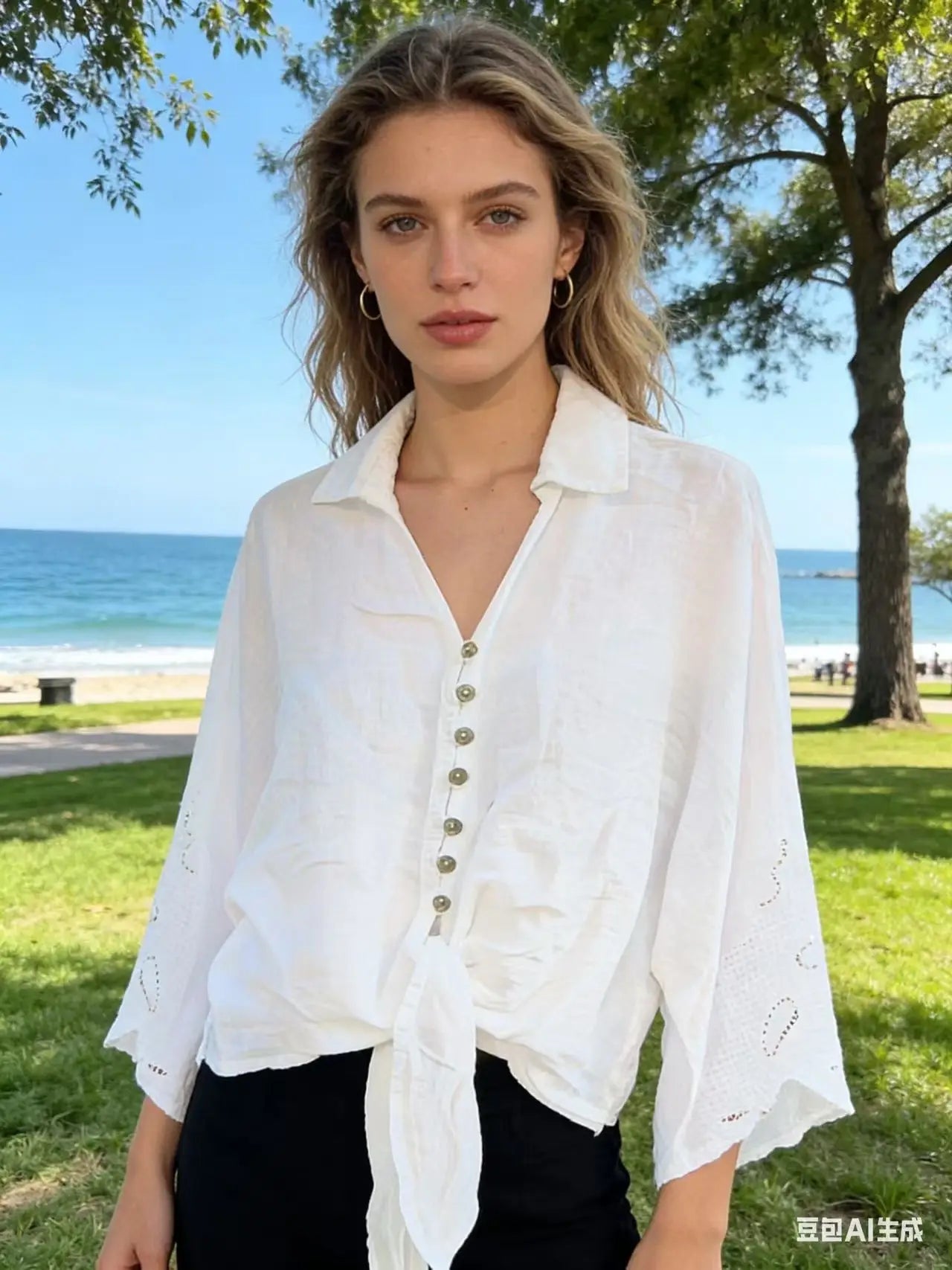 LINEN TIE FRONT 7 BUTTON TOP