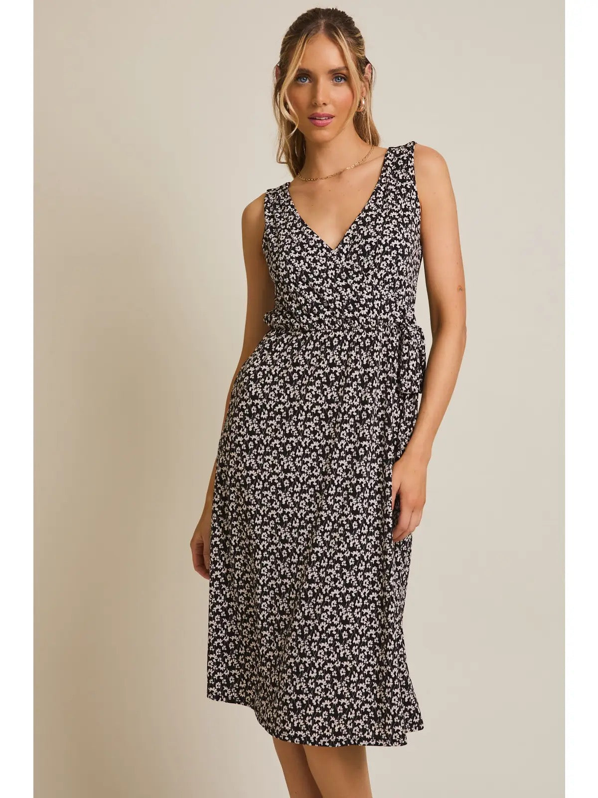FAUX WRAP SIDE TIE MIDI DRESS
