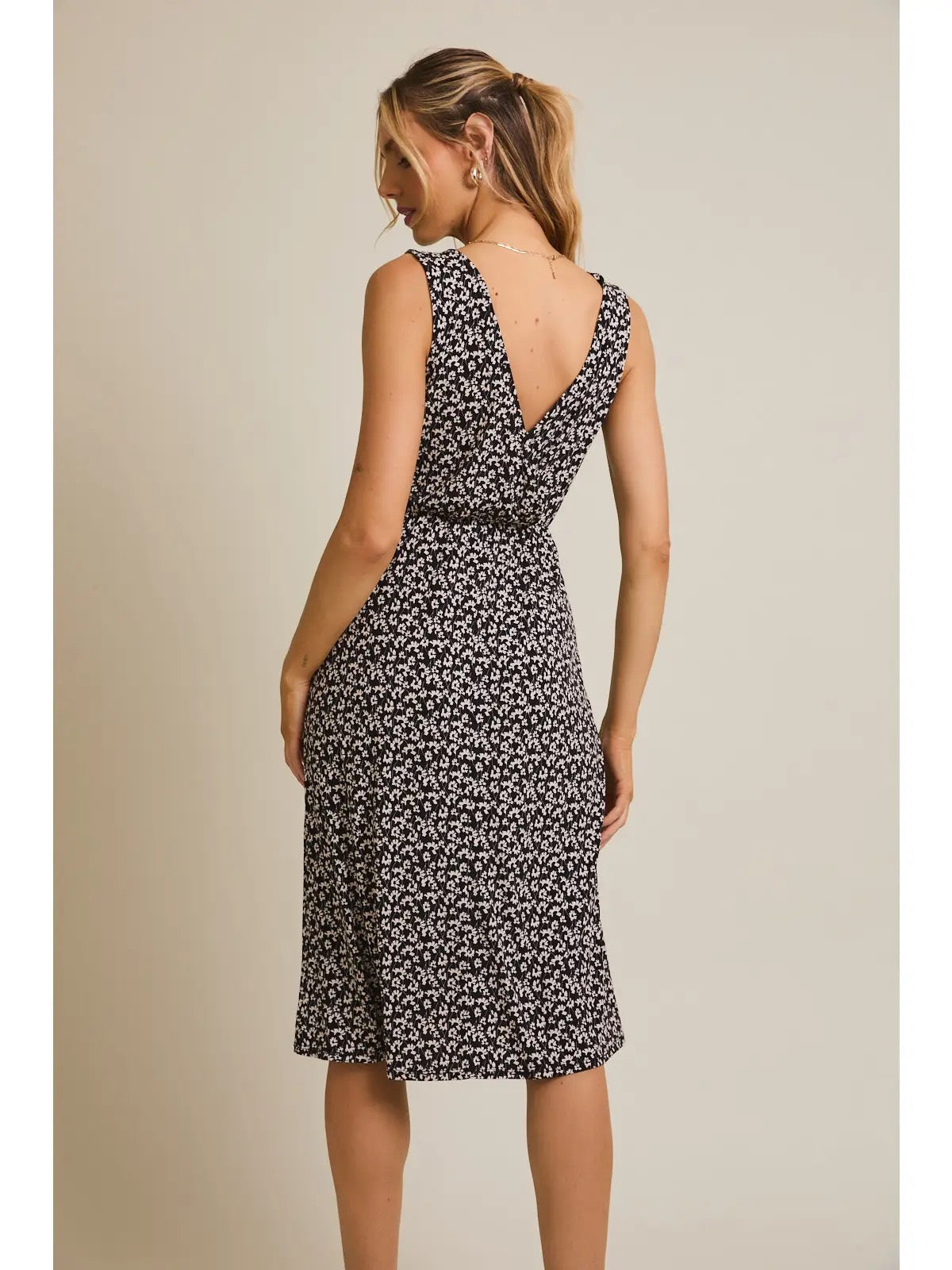 FAUX WRAP SIDE TIE MIDI DRESS
