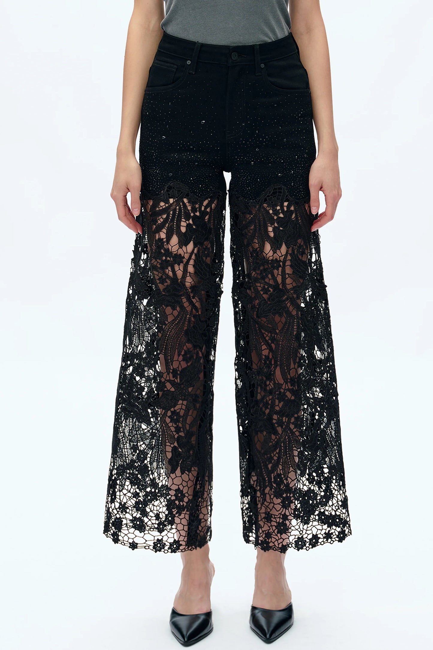 HI RISE LACE WIDE LEG JEANS