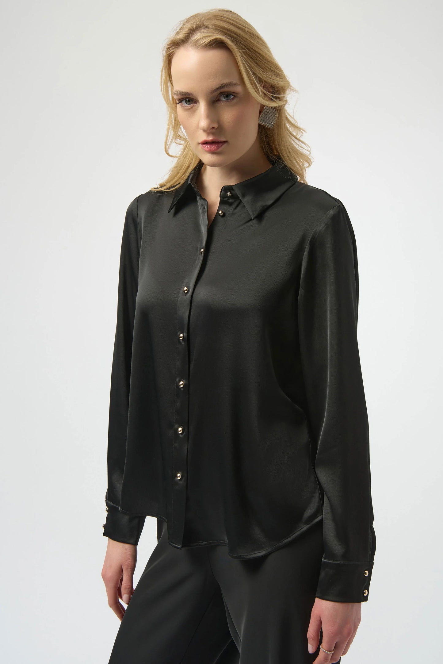 SATIN BLOUSE W/BACK COWL AND RHINESTONE