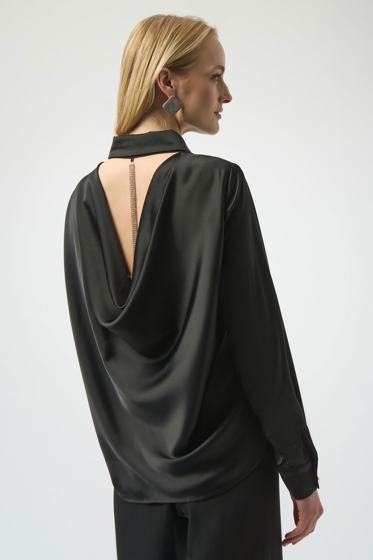 SATIN BLOUSE W/BACK COWL AND RHINESTONE