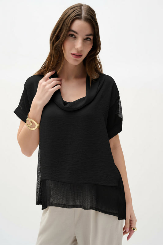 GAUZE AND MESH BOXY COWL NECK TOP