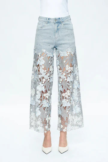 HI RISE LACE WIDE LEG JEANS
