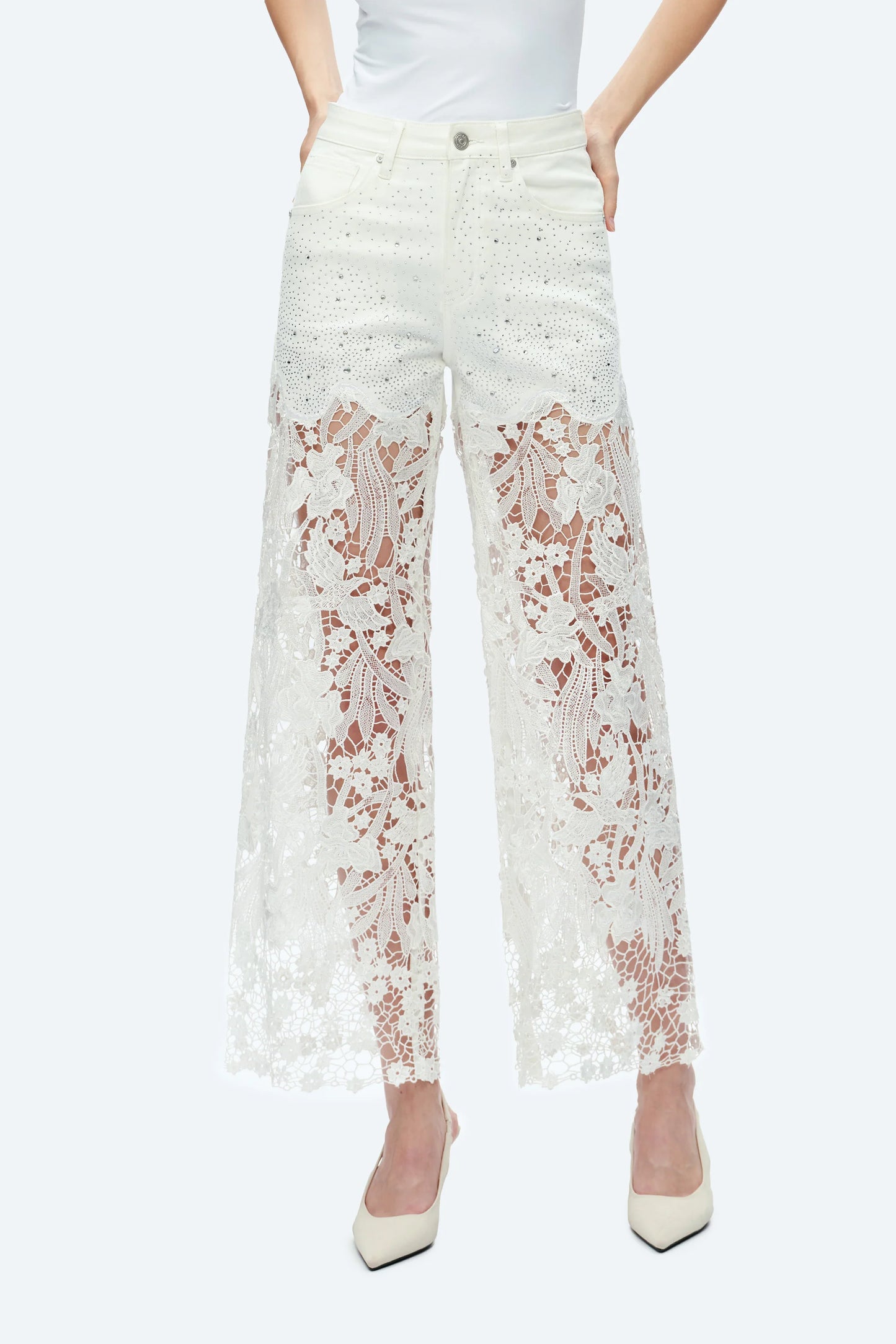 HI RISE LACE WIDE LEG JEANS