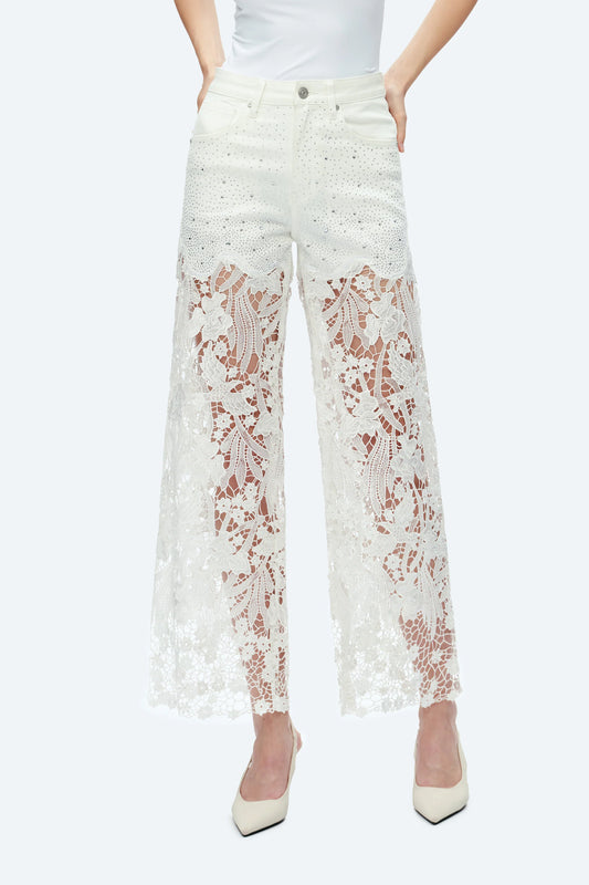HI RISE LACE WIDE LEG JEANS