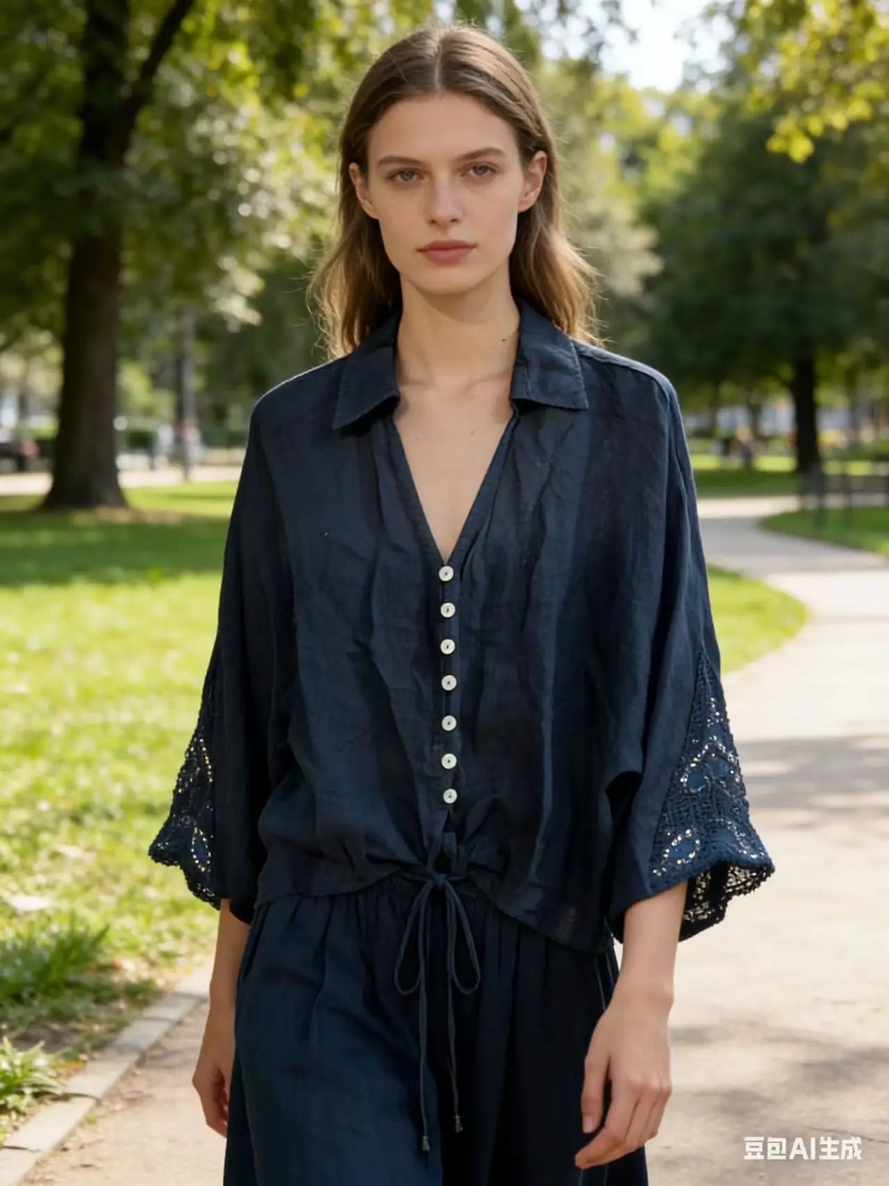 LINEN TIE FRONT 7 BUTTON TOP