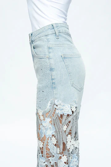 HI RISE LACE WIDE LEG JEANS