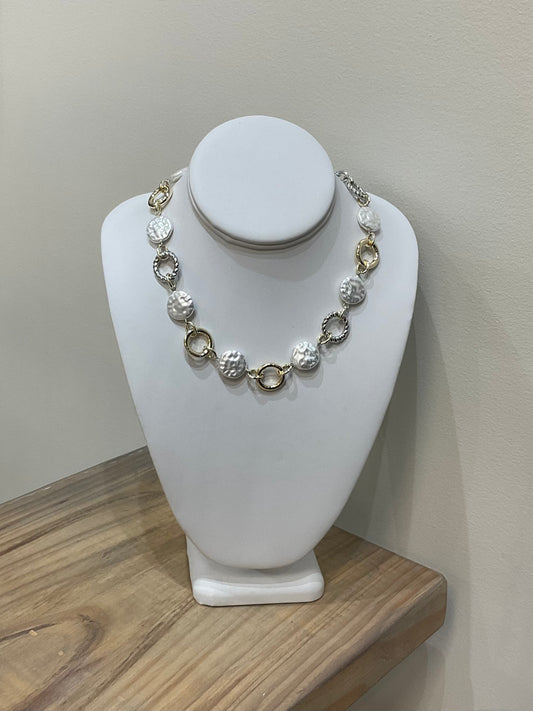 2TONE LINK DISC PEARL 17 +2" NECKLACE