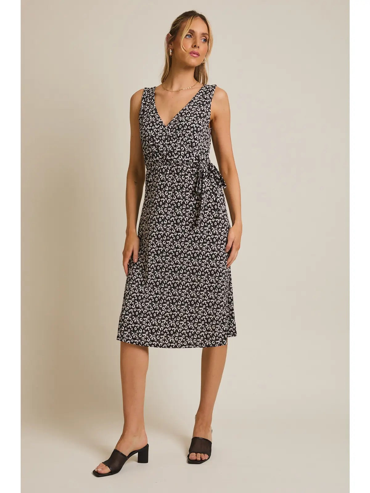 FAUX WRAP SIDE TIE MIDI DRESS