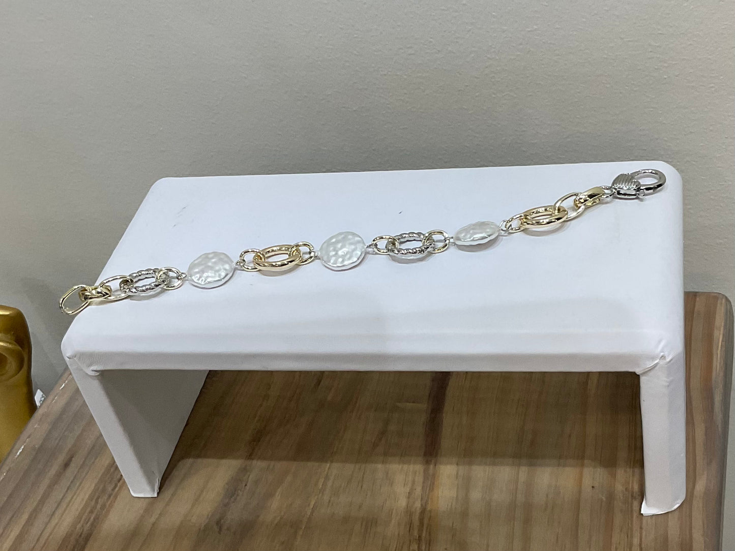 2TONE LINK DISC PEARL BRACELET