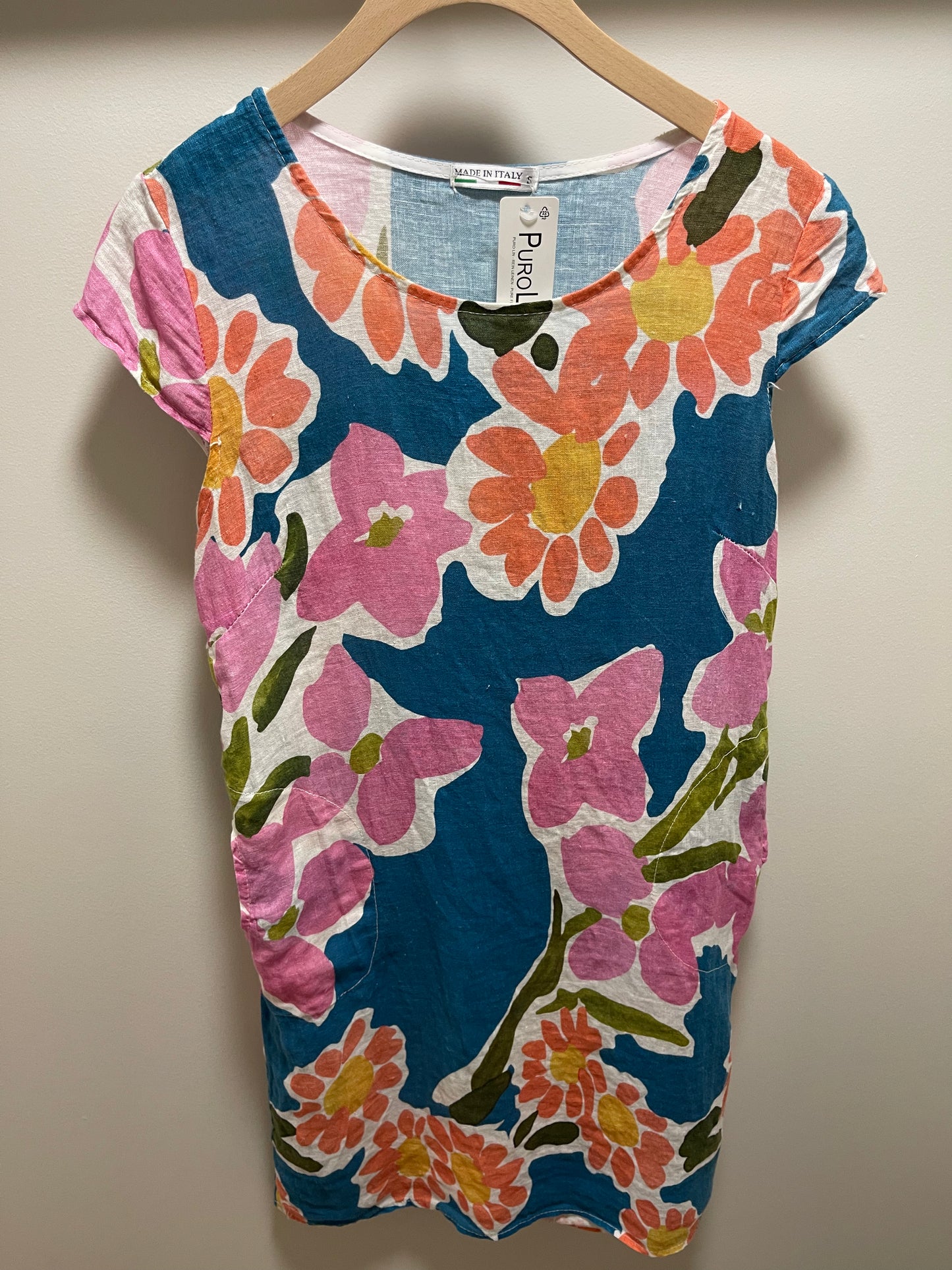 SIDE RIBBED FLORAL LINEN DRESS