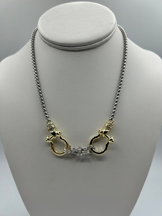 2TONE 2 CZ PAVE HORSEBIT NECKLACE 17+2