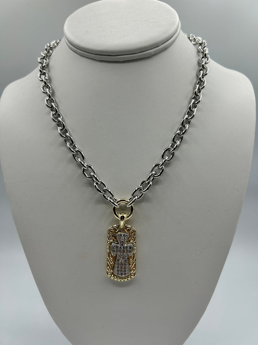 2 TONE PAVE CROSS PENDANT 17+2
