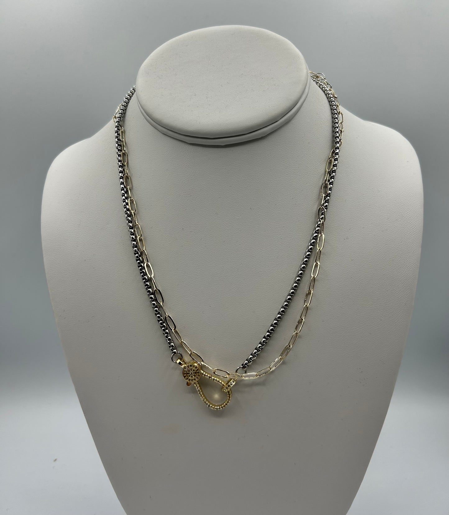 2 TONE DBL CHAIN PAVE LOCK NECKLACE