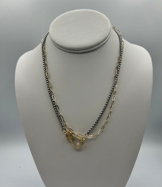 2 TONE DBL CHAIN PAVE LOCK NECKLACE