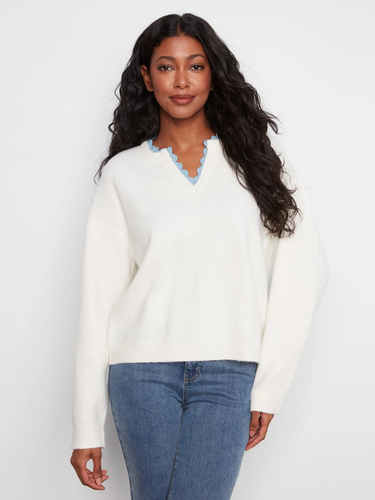 WOVEN TRIM VNECK SWEATER
