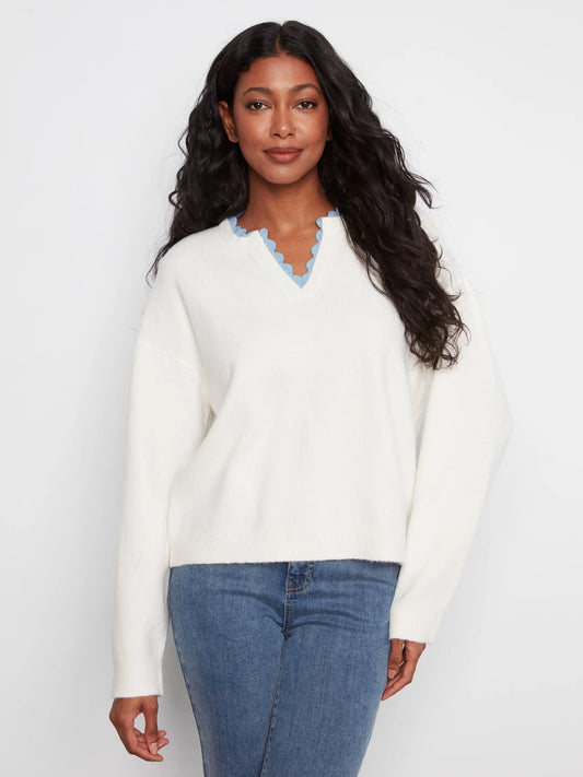 WOVEN TRIM VNECK SWEATER