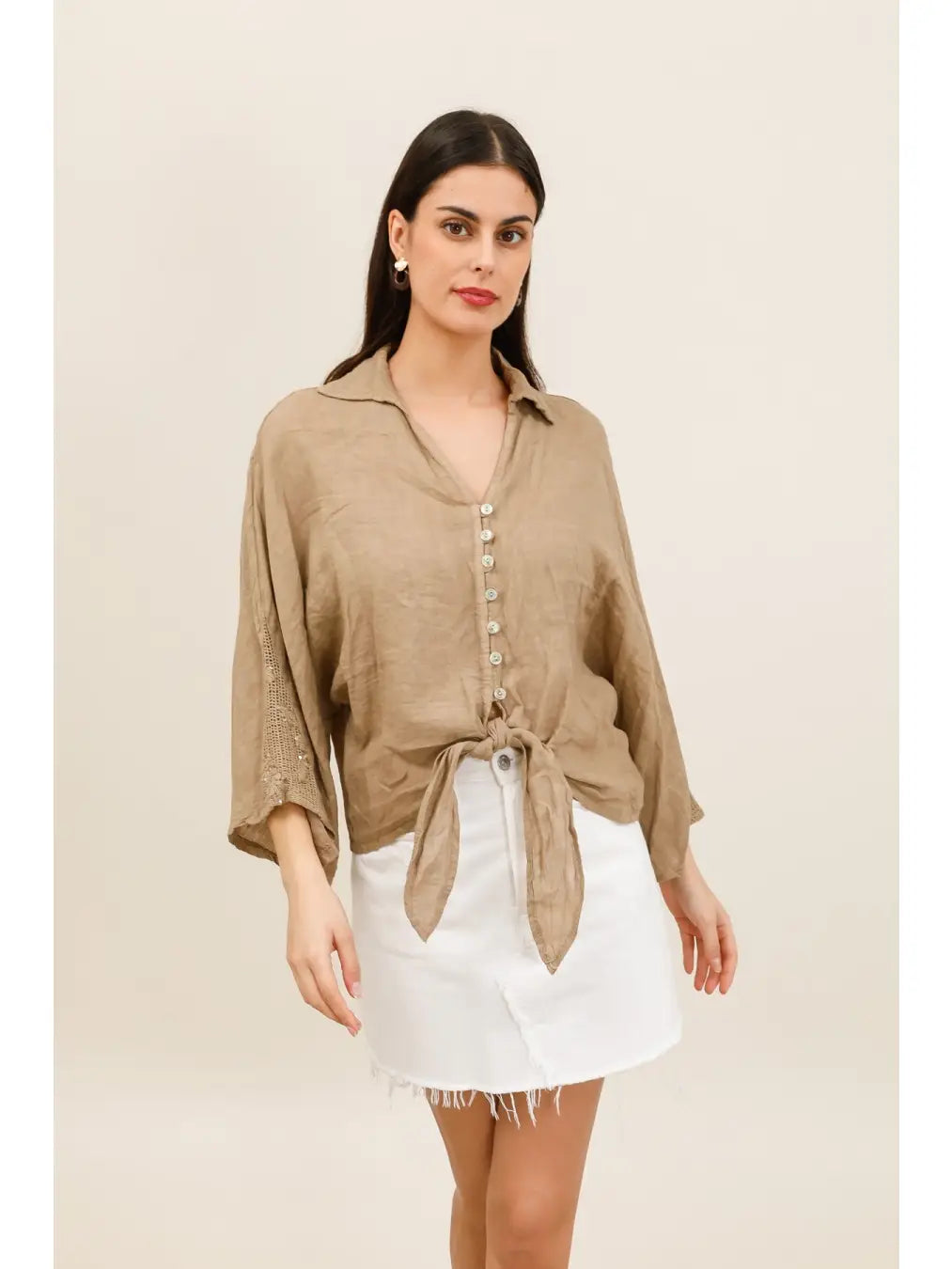 LINEN TIE FRONT 7 BUTTON TOP