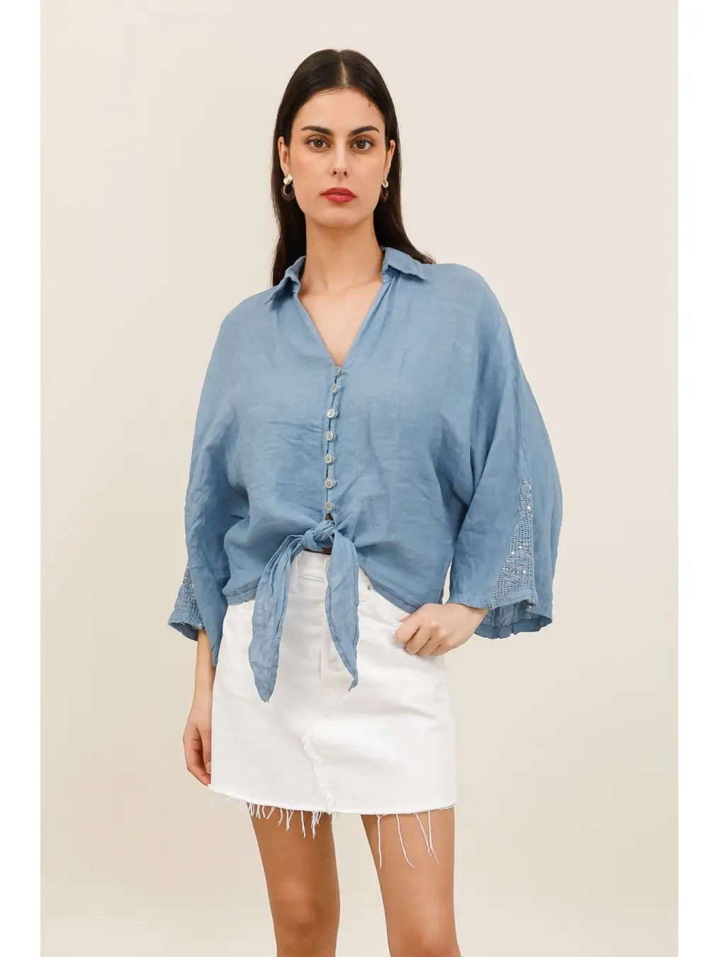 LINEN TIE FRONT 7 BUTTON TOP
